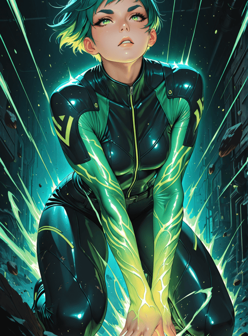 woman, kneeling, cyberpunk, character, electric, energy, armor, gloves