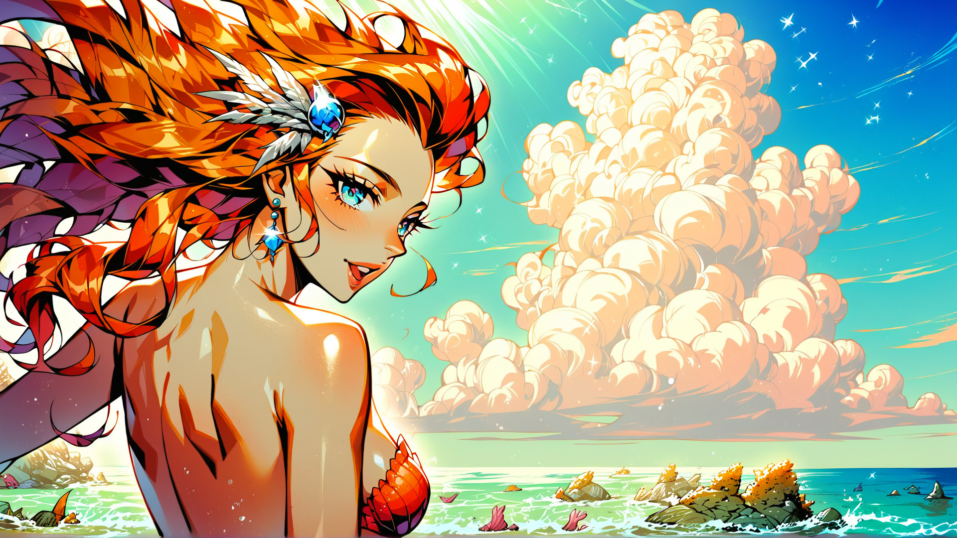 AI generated wallpaper featuring woman, mermaid, cloud, ocean, feather, gem, sun, star, rock, water