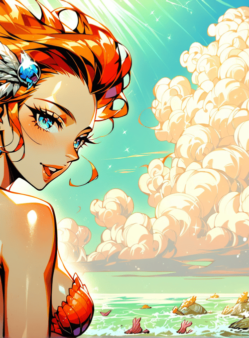 woman, mermaid, cloud, ocean, feather, gem, sun, star, rock, water