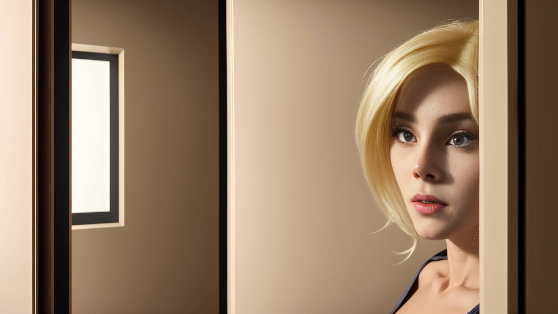 AI generated wallpaper featuring woman, doorway, blonde hair