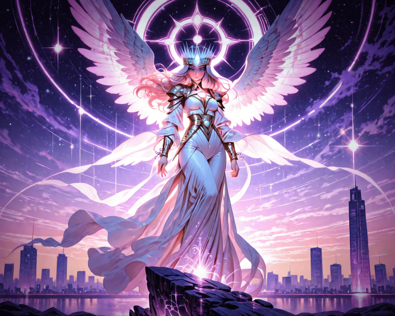 AI generated wallpaper featuring angel, cityscape, falcon