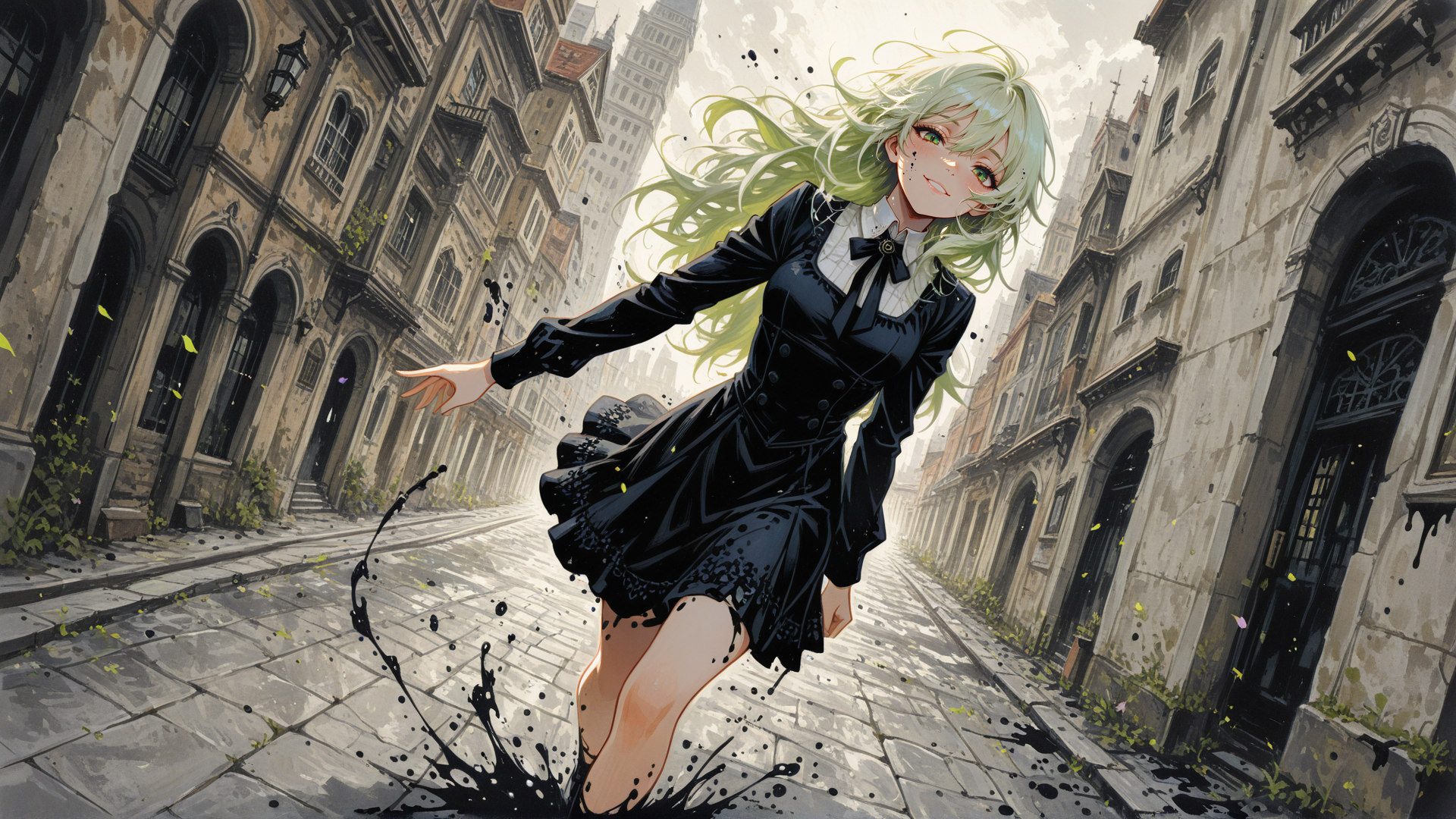 AI generated wallpaper featuring girl, street, building