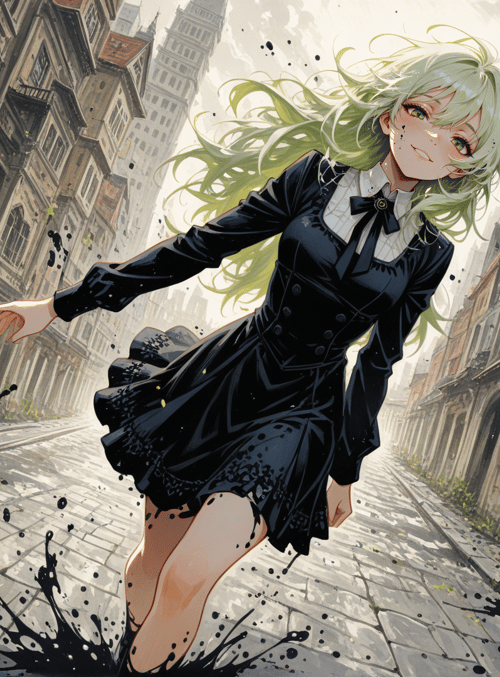 girl, street, building