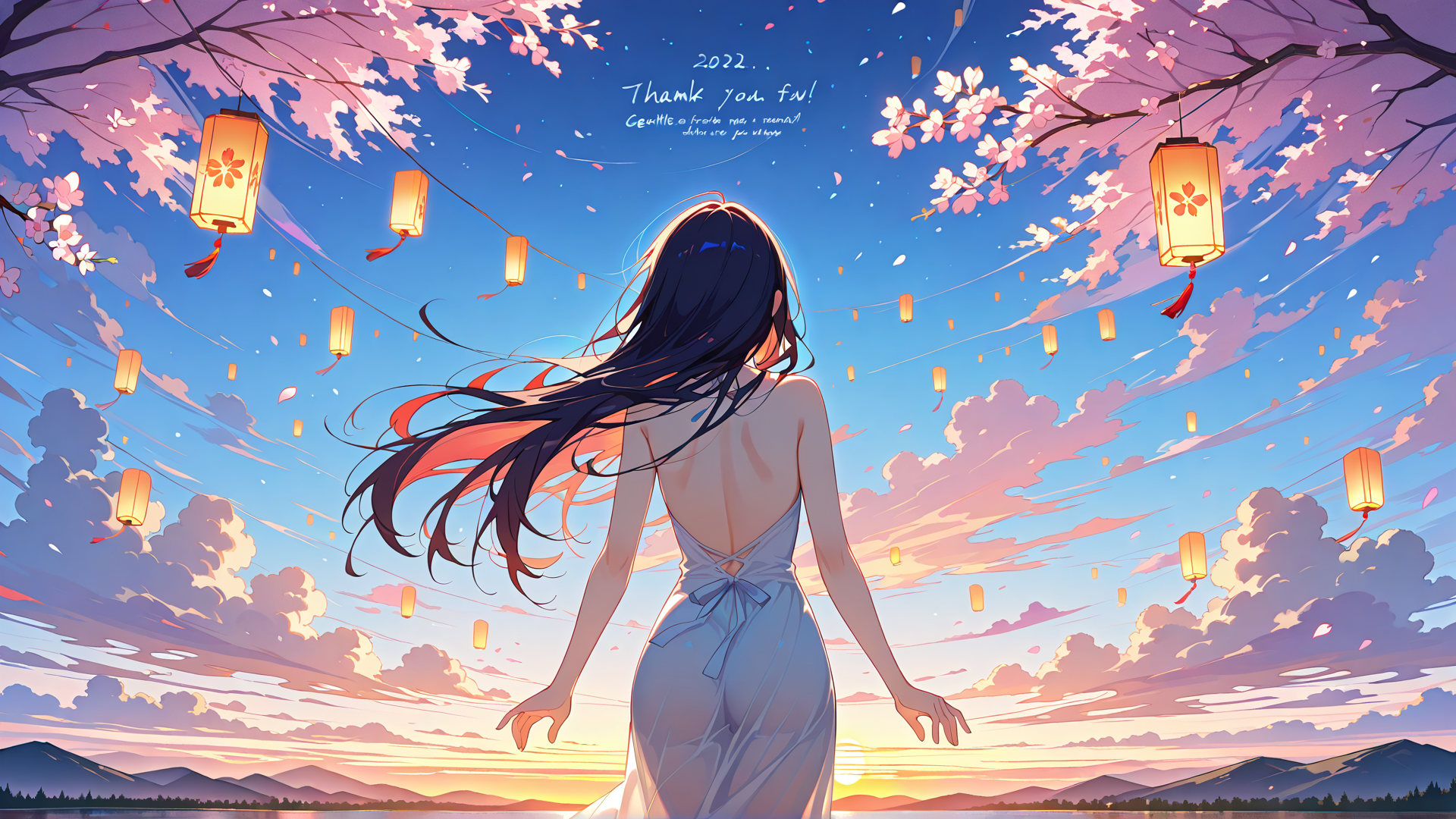 AI generated wallpaper featuring girl, lanterns, cherry blossoms