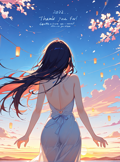 girl, lanterns, cherry blossoms
