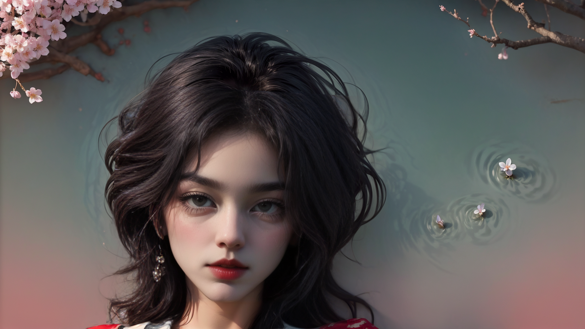 AI generated wallpaper featuring woman, cherry blossoms, water
