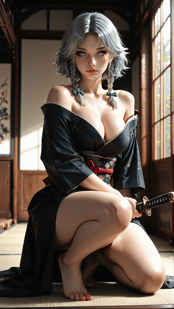 AI generated wallpaper featuring woman, samurai, kneeling, sword, kimono, braids