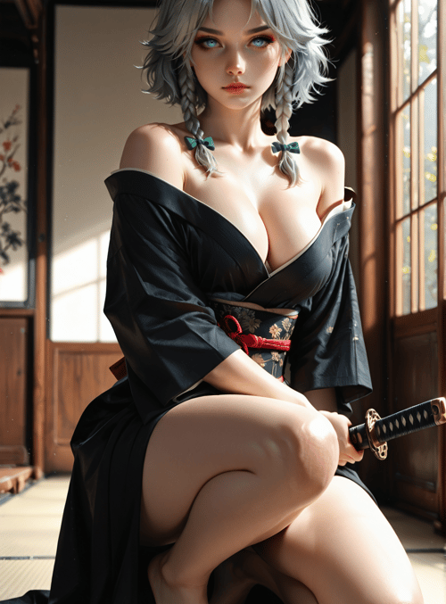 woman, samurai, kneeling, sword, kimono, braids