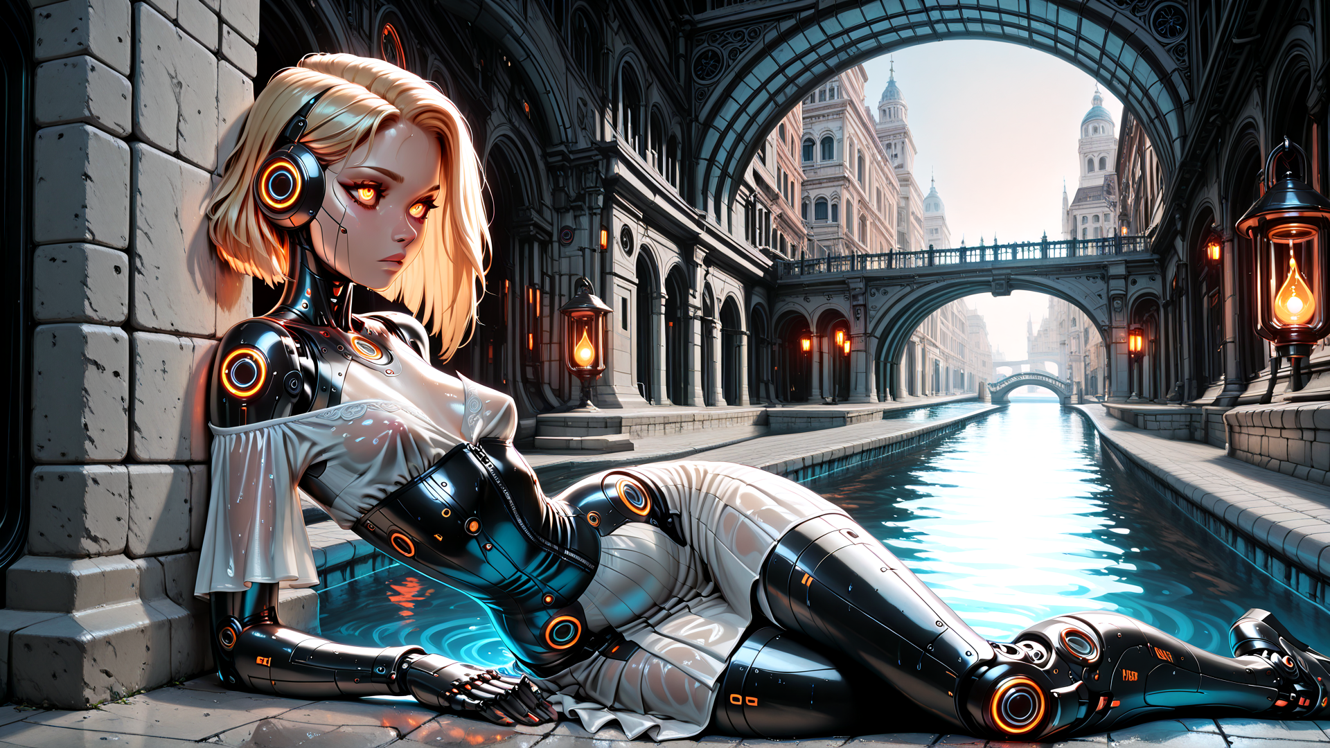 AI generated wallpaper featuring robot, woman, canyon, canal, bridge, lamp