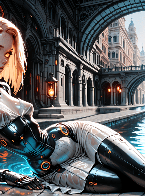 robot, woman, canyon, canal, bridge, lamp