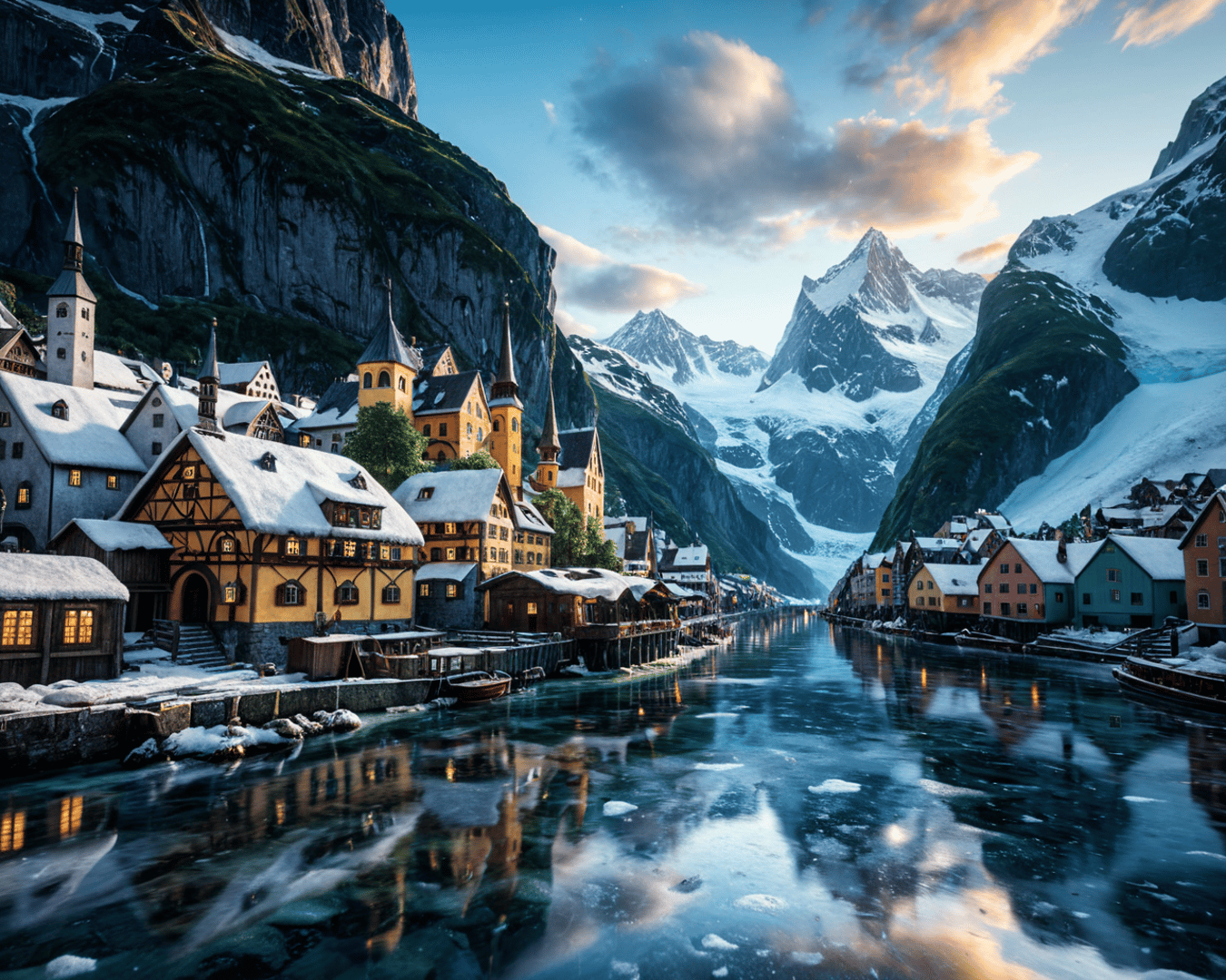 AI generated wallpaper featuring village, mountains, river, houses, snow, glacier, cathedral, boat, lake, church