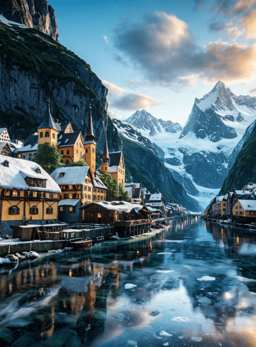 village, mountains, river, houses, snow, glacier, cathedral, boat, lake, church