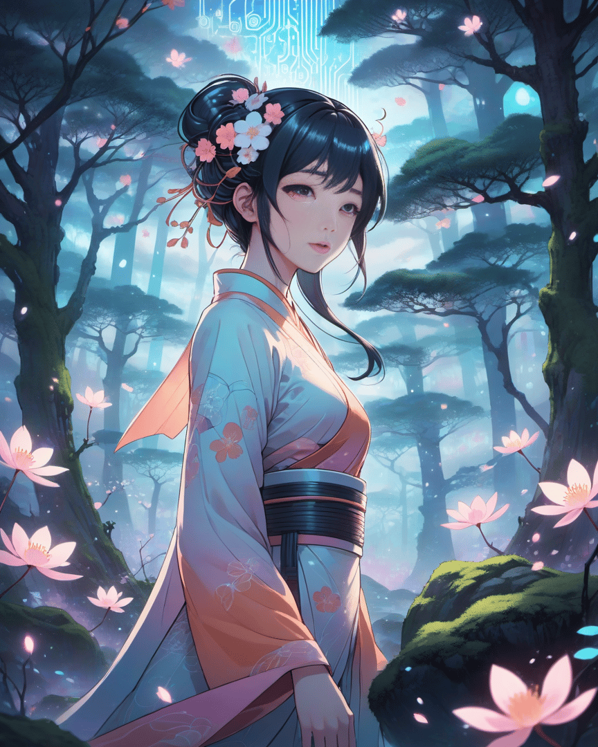 AI generated wallpaper featuring woman, kimono, forest
