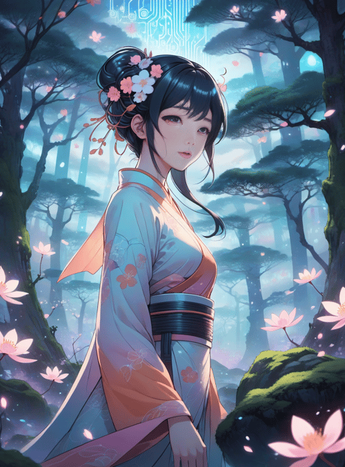 woman, kimono, forest
