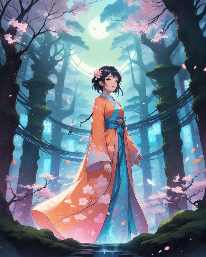 AI generated wallpaper featuring girl, cherry blossom, forest