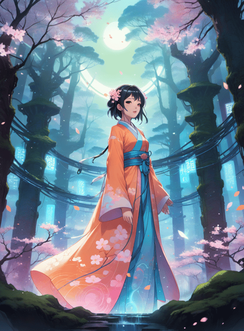 girl, cherry blossom, forest