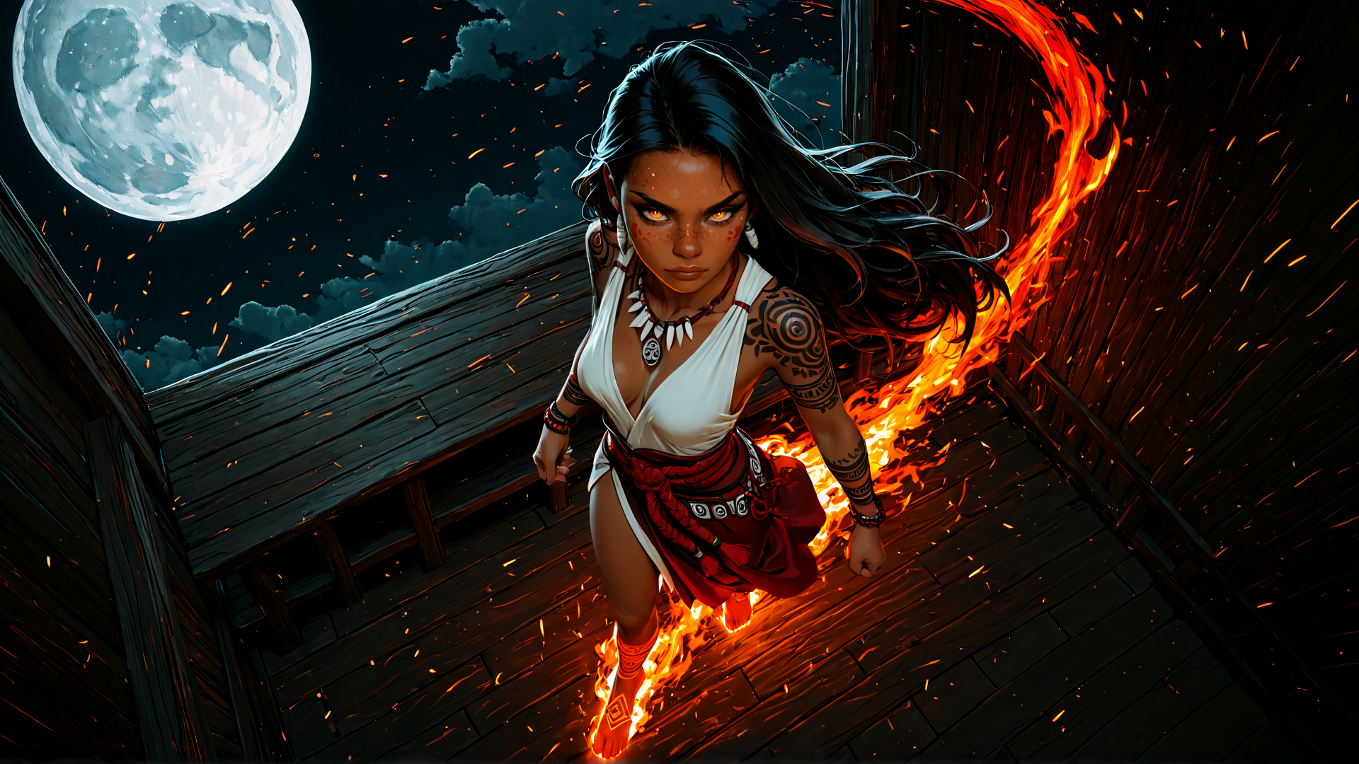 AI generated wallpaper featuring woman, fire, moon, tattoo, headdress, skirt, earring, necklace, footwear, wooden structure