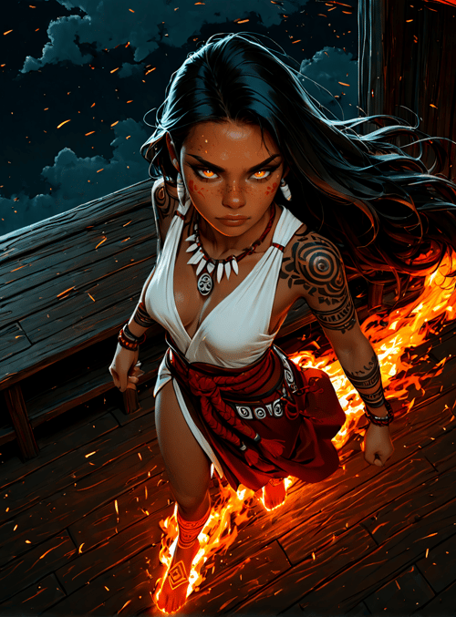 woman, fire, moon, tattoo, headdress, skirt, earring, necklace, footwear, wooden structure