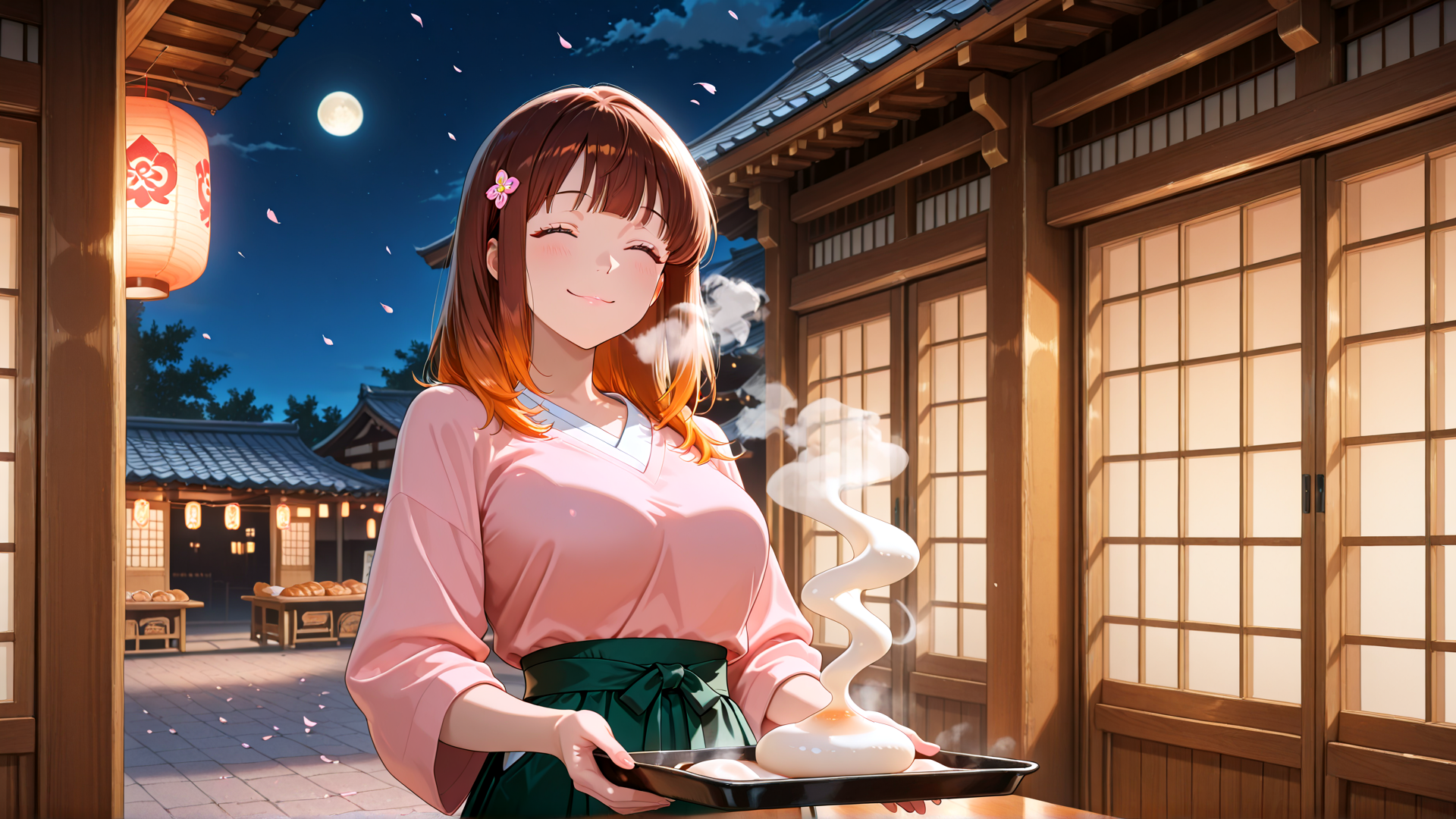 AI generated wallpaper featuring woman, lantern, moon, blossom, building, bread, tray, flower, sweater, sash