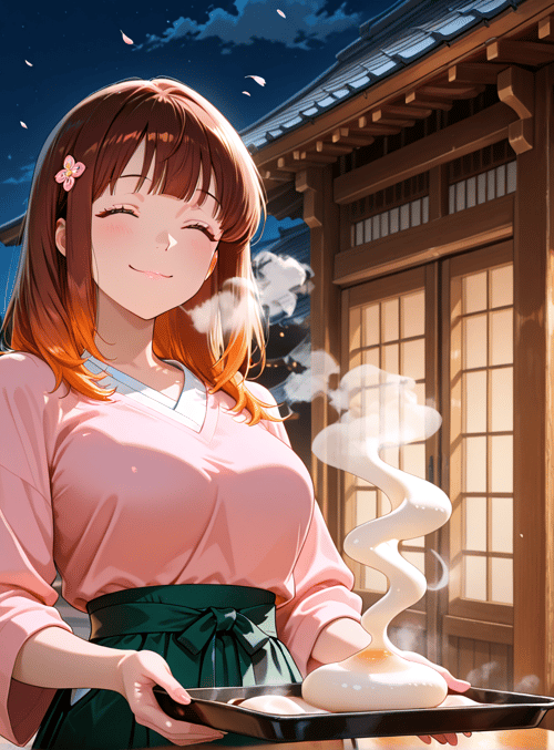 woman, lantern, moon, blossom, building, bread, tray, flower, sweater, sash