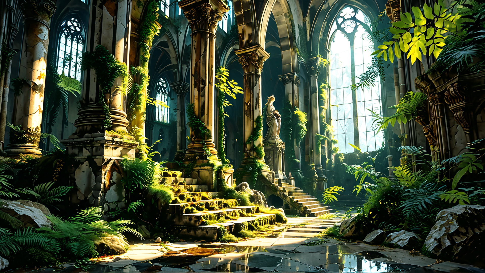 AI generated wallpaper featuring cathedral, statue, columns, vines, staircase, stained glass, fossils, panties, ferns, garden
