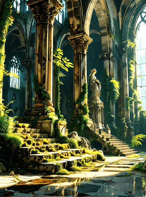 cathedral, statue, columns, vines, staircase, stained glass, fossils, panties, ferns, garden