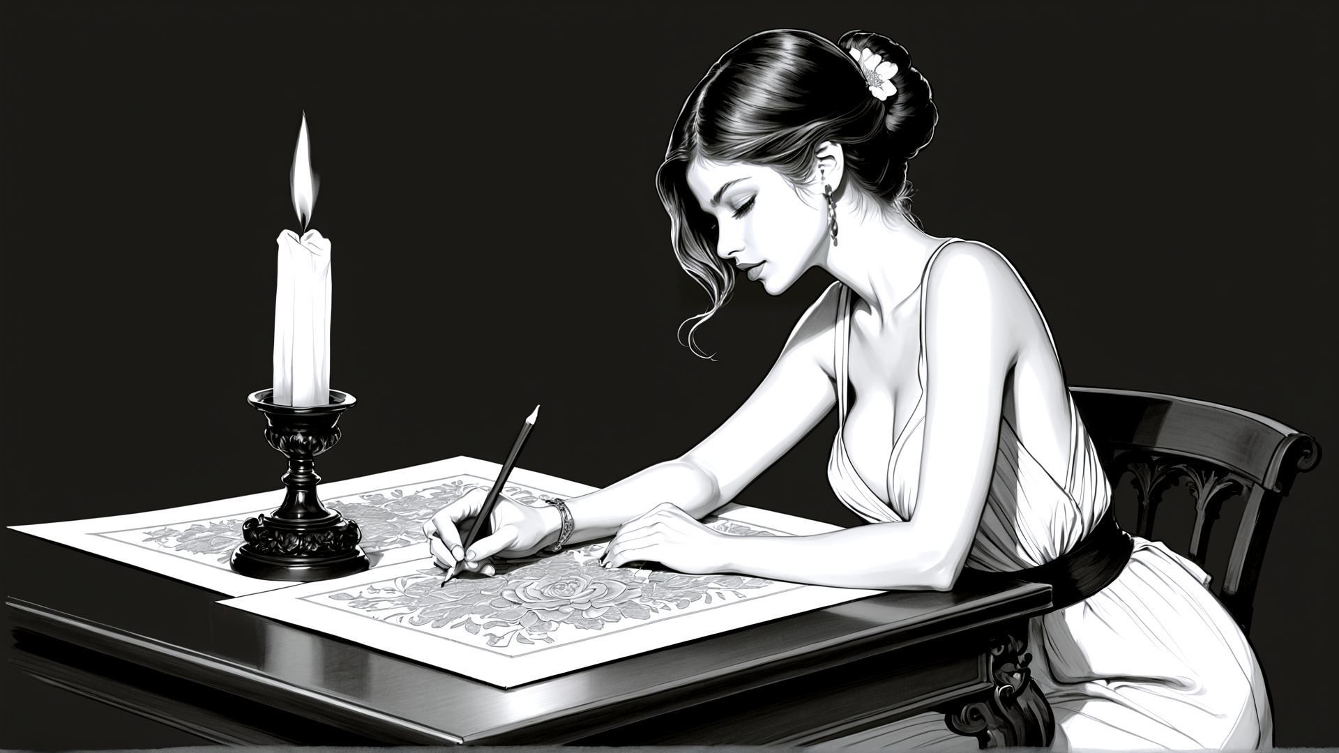 AI generated wallpaper featuring woman, candle, pencil, table, dress, flower, chair