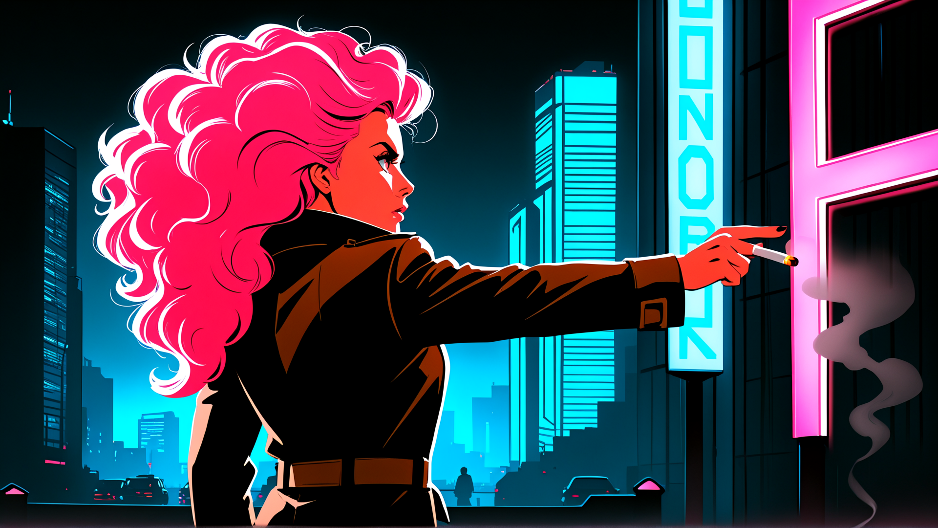 AI generated wallpaper featuring woman, cityscape, neon sign, smoking, building