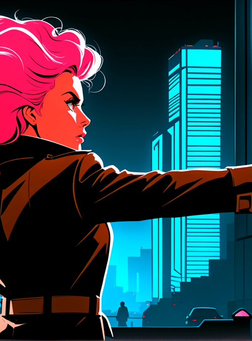 woman, cityscape, neon sign, smoking, building