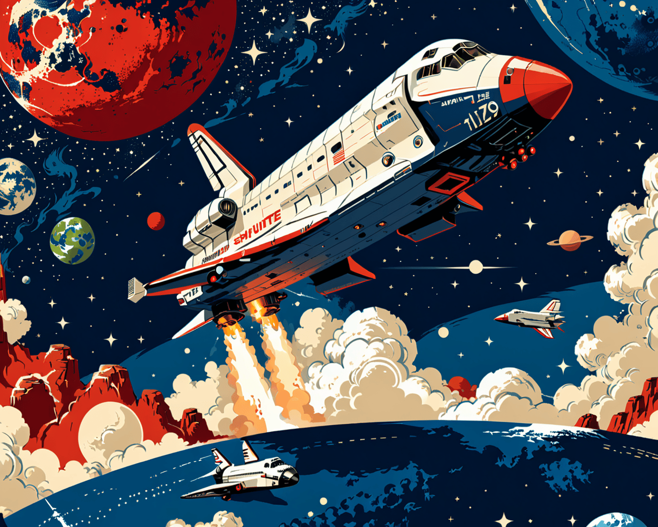AI generated wallpaper featuring space shuttle, planets, stars
