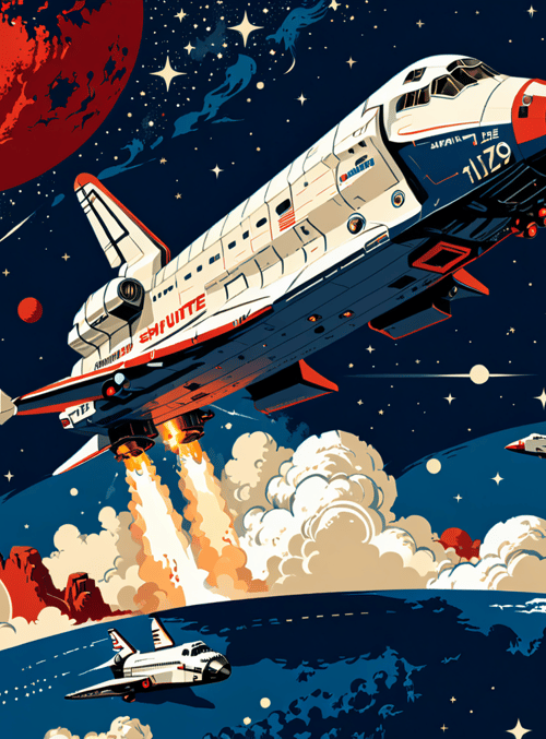 space shuttle, planets, stars