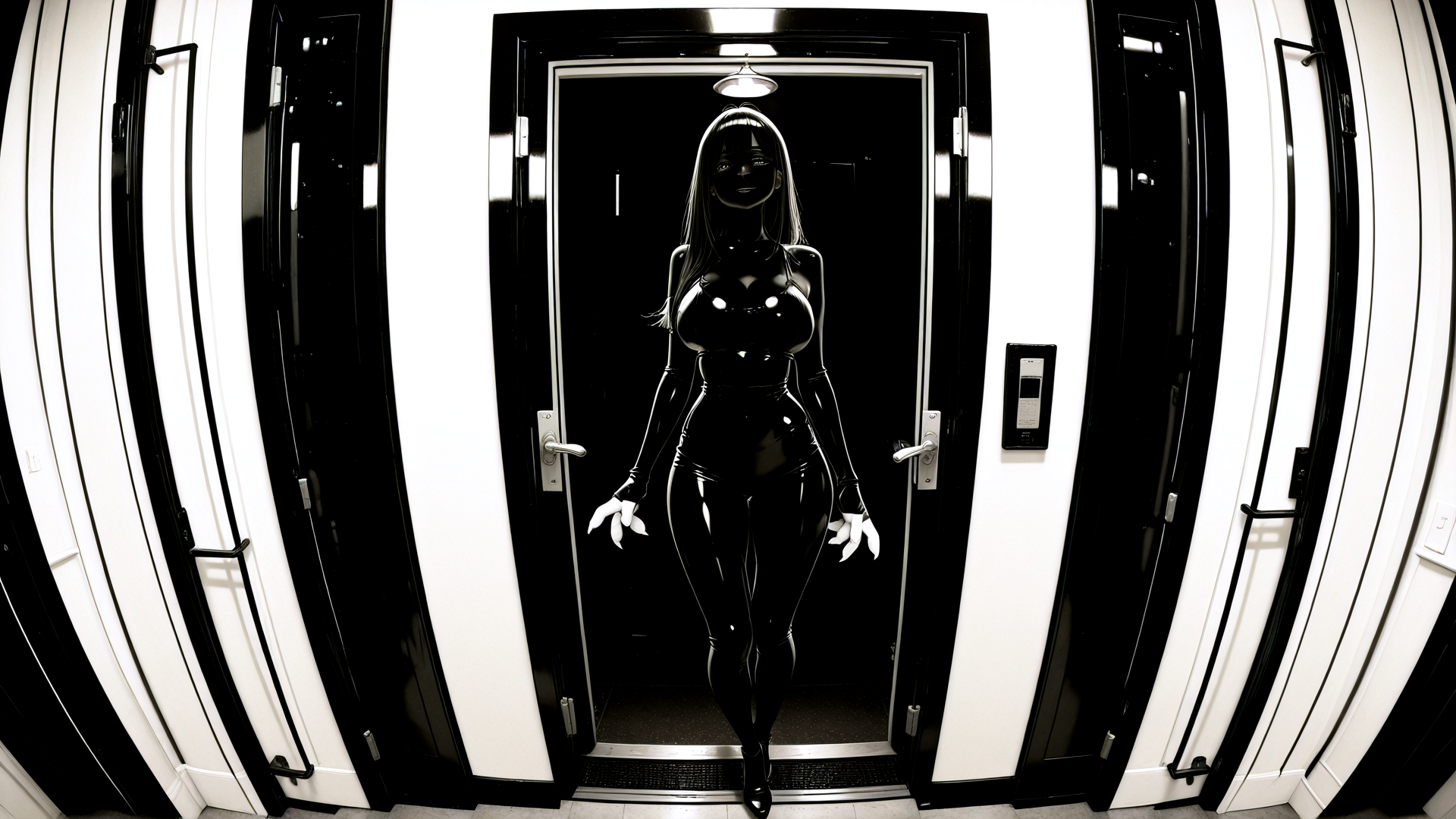 AI generated wallpaper featuring woman, door, furniture, mirror