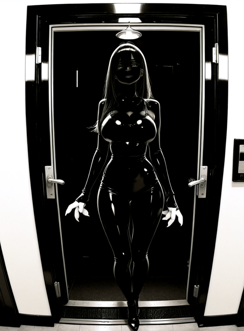 woman, door, furniture, mirror