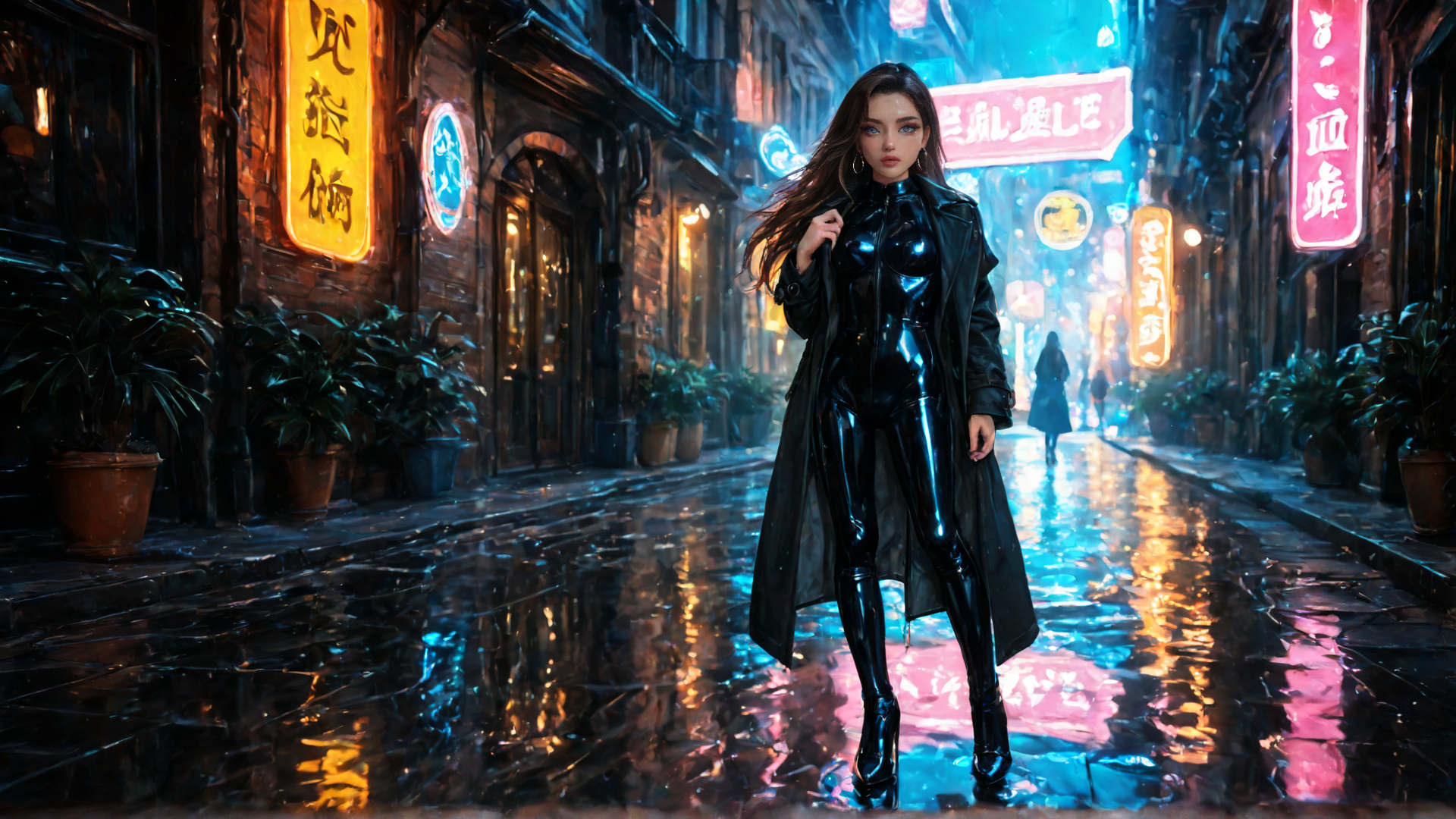 AI generated wallpaper featuring woman, neon, street