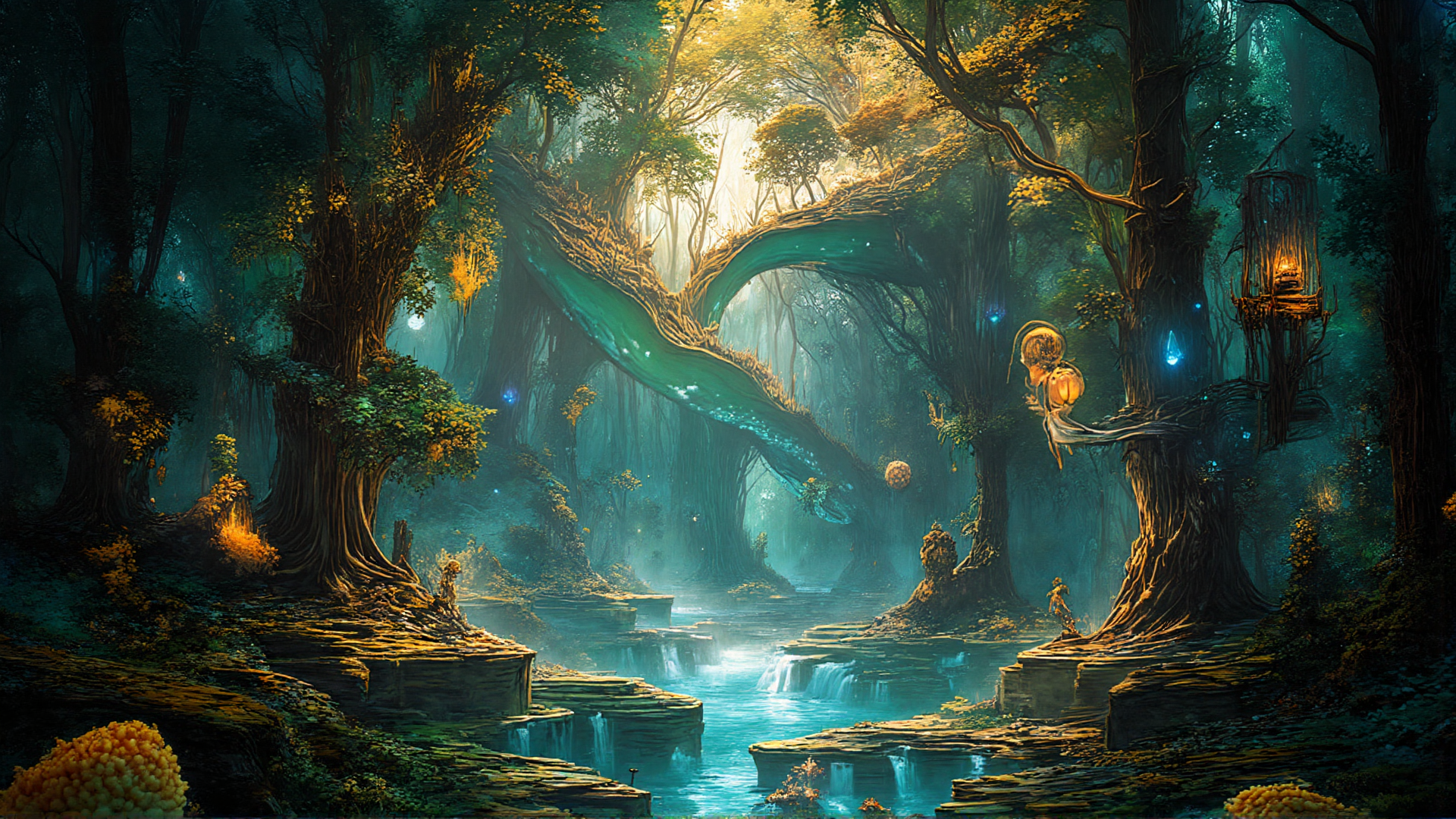 AI generated wallpaper featuring forest, tree, waterfall, river, luminescent, fairy, cage, light, root, blossom