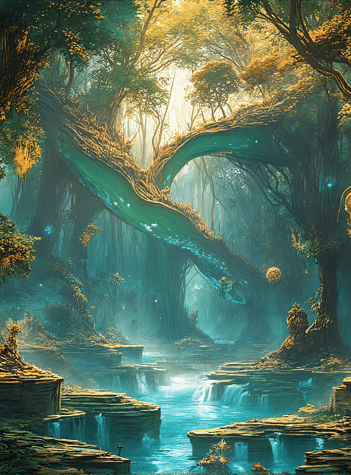 forest, tree, waterfall, river, luminescent, fairy, cage, light, root, blossom