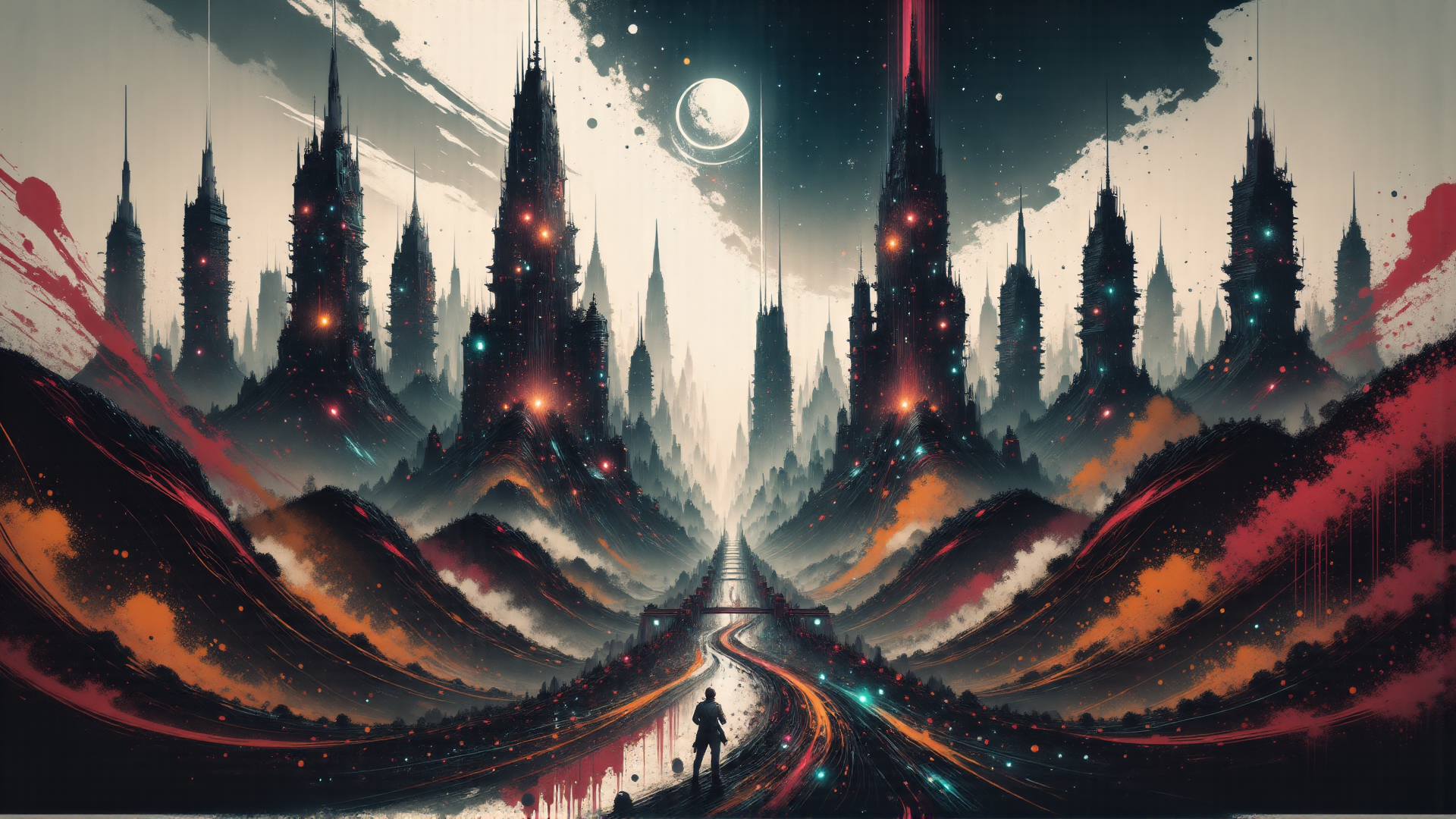 AI generated wallpaper featuring city, tower, person, road, mountain, moon, sky, light, cloud, star