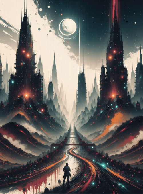 city, tower, person, road, mountain, moon, sky, light, cloud, star