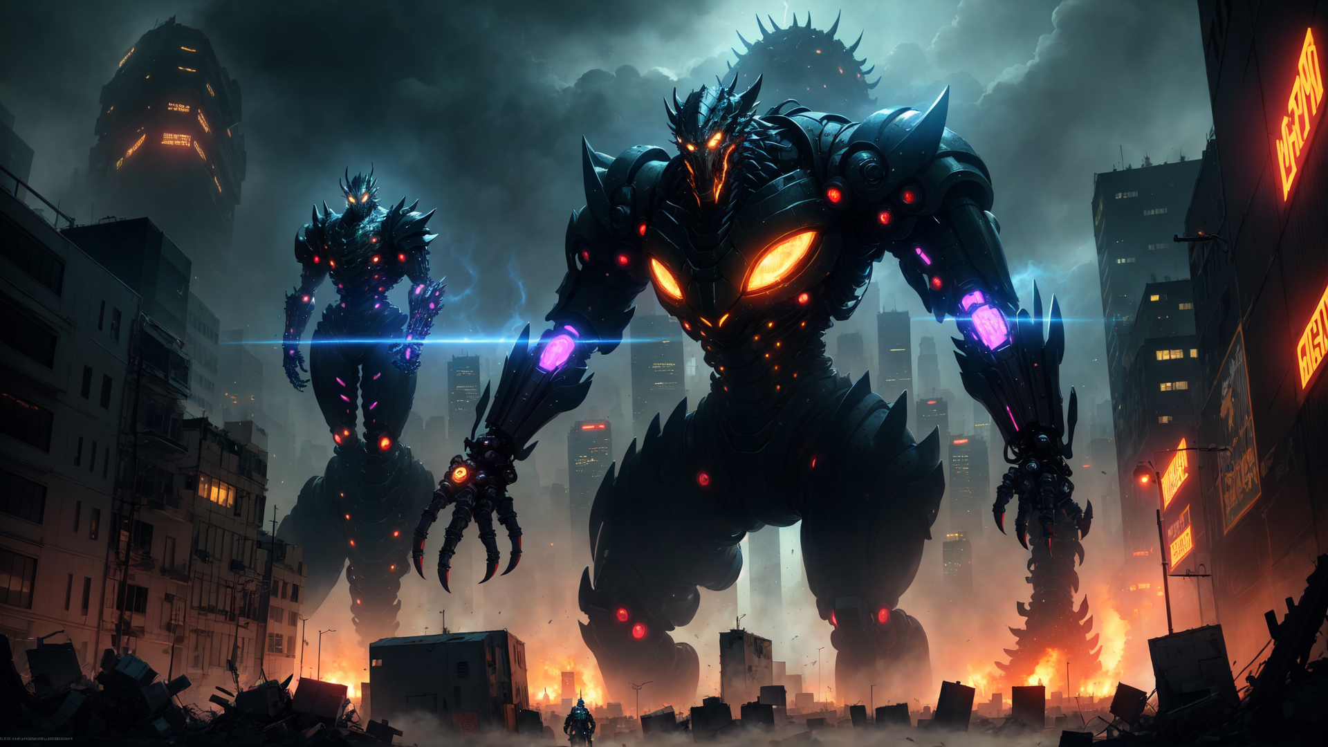 AI generated wallpaper featuring mech, giant robot, city, debris, fire, skyline, monsters, robot, building, destroyed