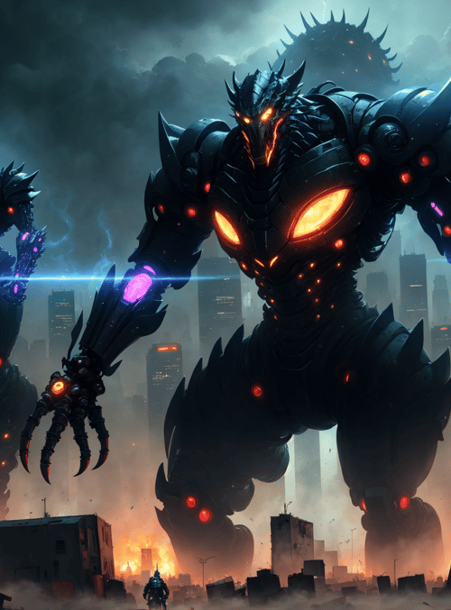 mech, giant robot, city, debris, fire, skyline, monsters, robot, building, destroyed