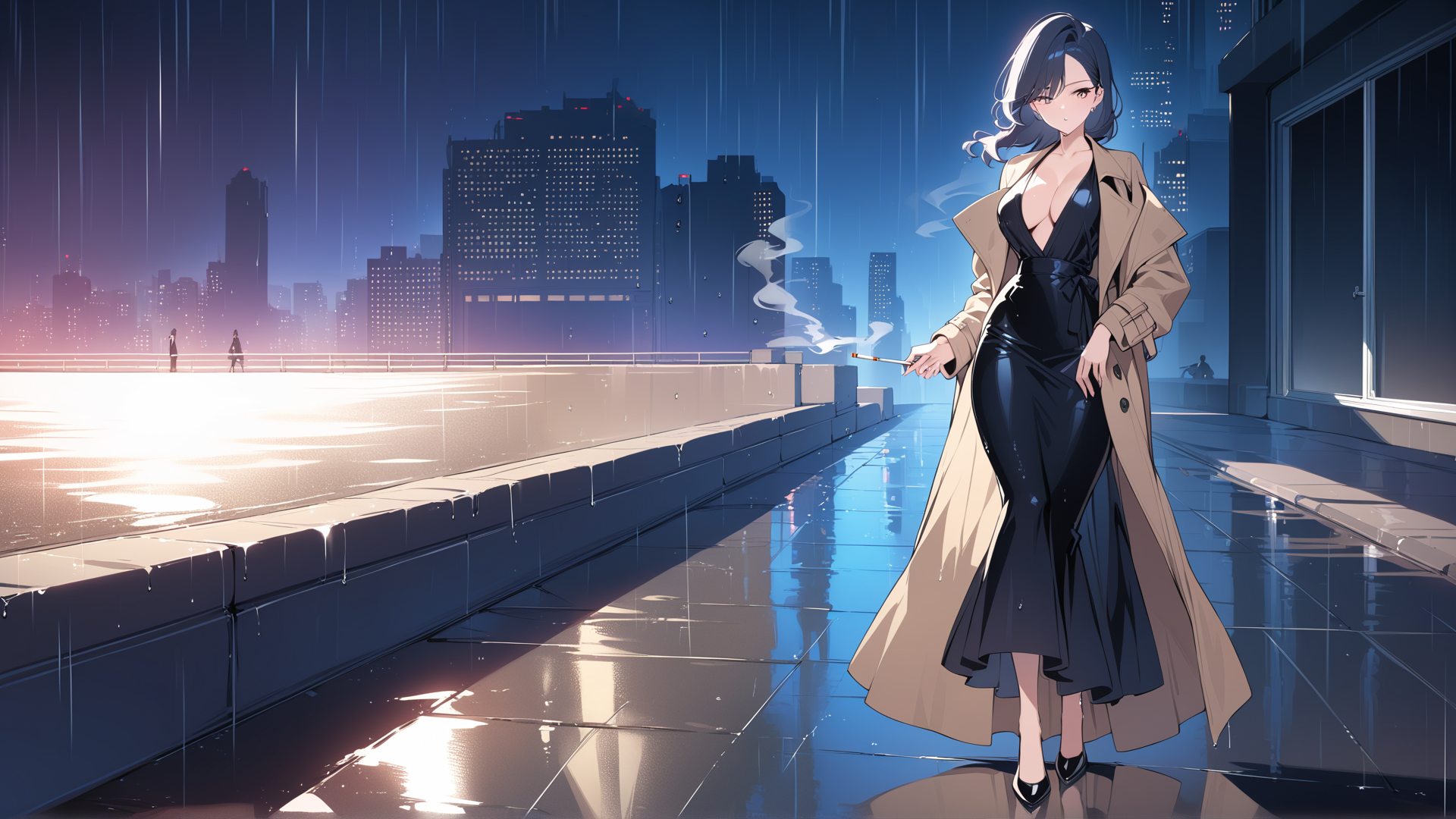 AI generated wallpaper featuring woman, cityscape, rain