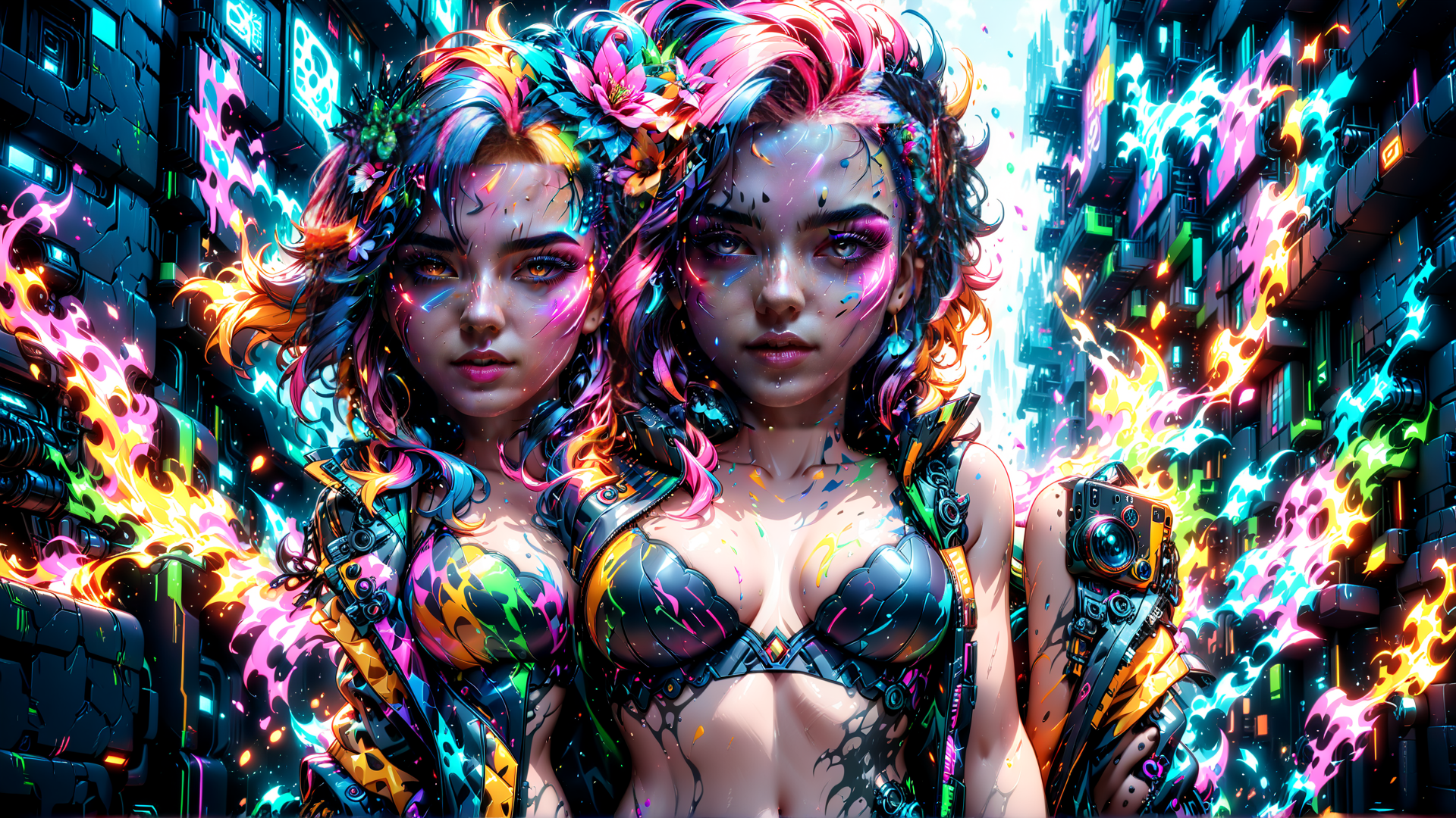 AI generated wallpaper featuring cyberpunk women, digital art