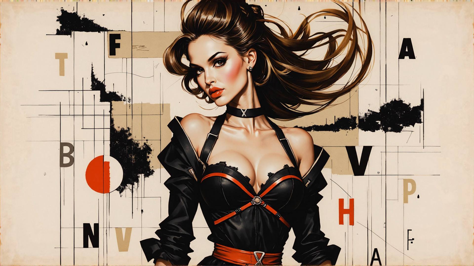AI generated wallpaper featuring woman, hair, necklace, dress, background, letters, art