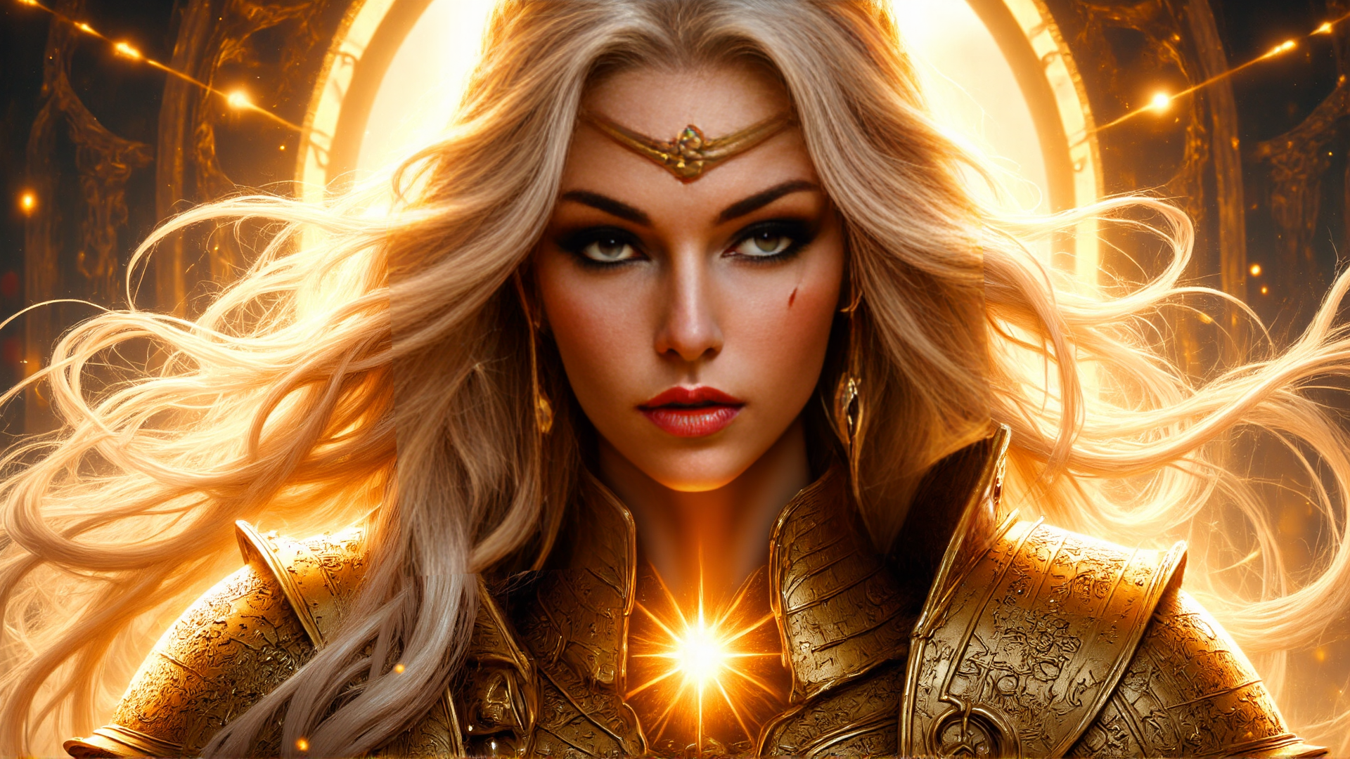 AI generated wallpaper featuring woman, armor, light
