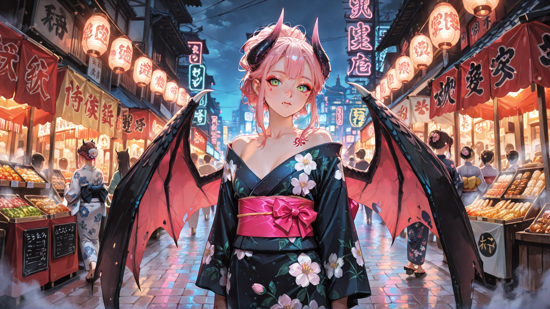 AI generated wallpaper featuring demon, geisha, dragon, street, market, lantern, yokai, anime, character, wing