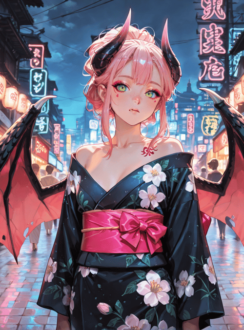 demon, geisha, dragon, street, market, lantern, yokai, anime, character, wing