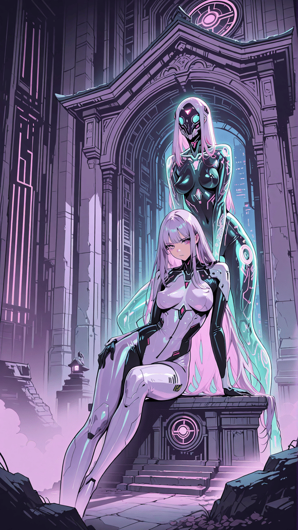 AI generated wallpaper featuring cyborg, robot, woman, statue, futuristic, building, architecture, anime, character, design