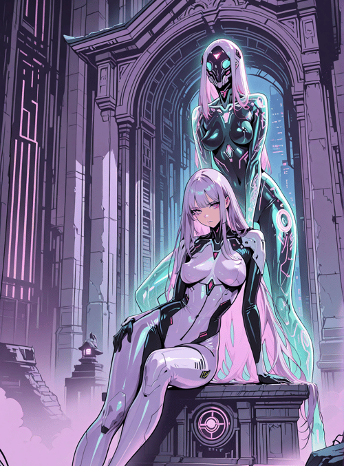 cyborg, robot, woman, statue, futuristic, building, architecture, anime, character, design