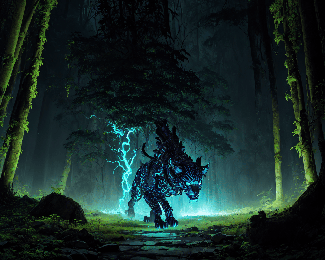 AI generated wallpaper featuring tiger, forest, lightning