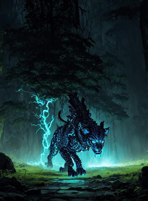 tiger, forest, lightning